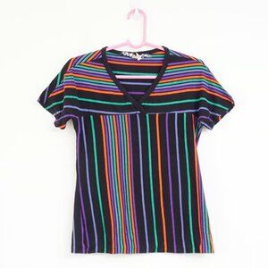 Vintage 70s Black Colorful Striped V Neck Short Sleeve T Shirt S/M